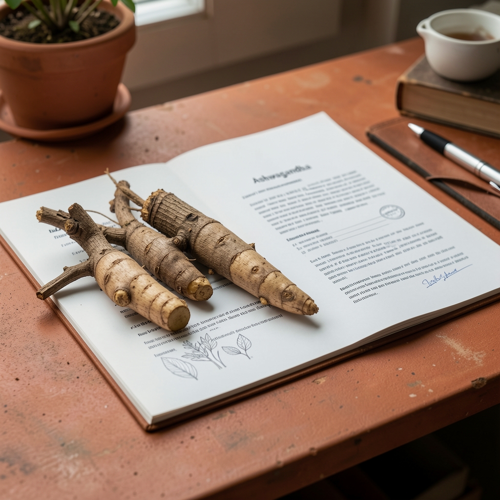 Ashwagandha root and botanical reference notes on a terracotta editorial desk