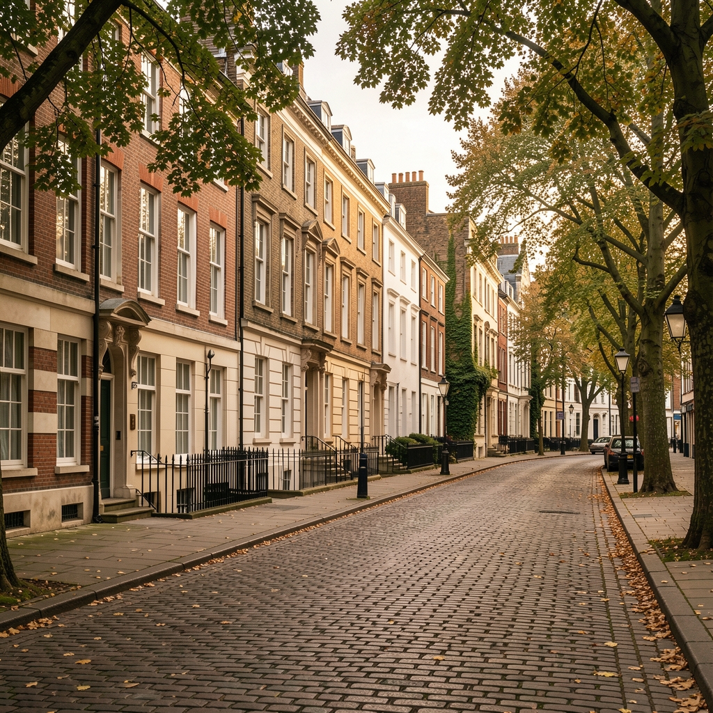 Quiet Bristol street with Georgian buildings, leafy pavement and muted afternoon light