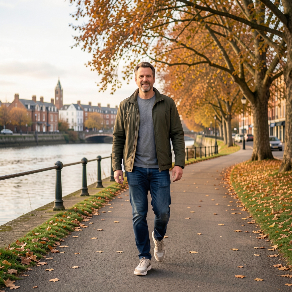 Adult walking along a Bristol riverside path with comfortable trainers and autumn trees