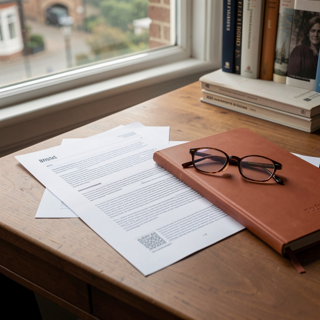 Editorial desk in Bristol with printed research notes, reading glasses and a terracotta notebook