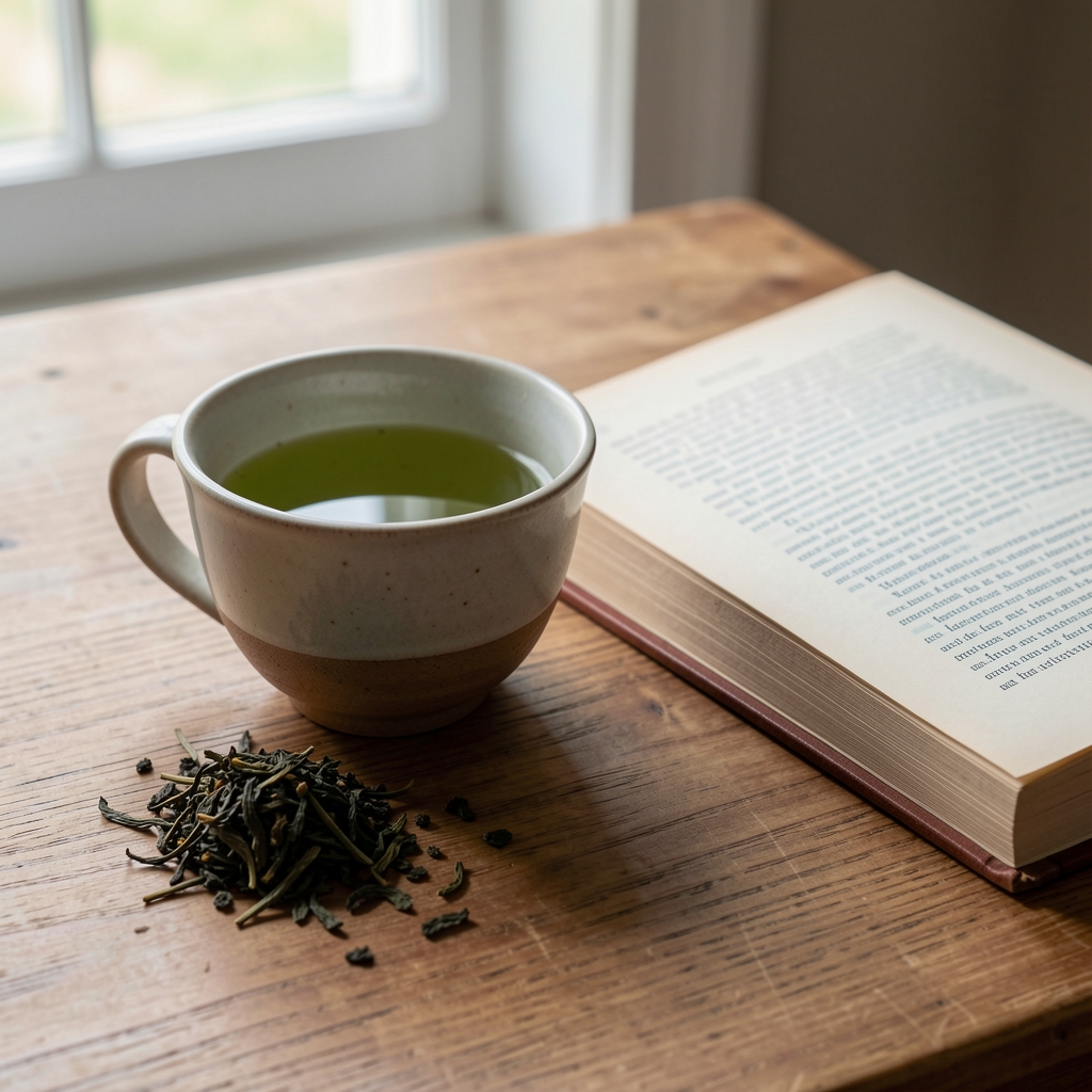 Ceramic cup of green tea beside loose leaves and a book on a quiet reading table