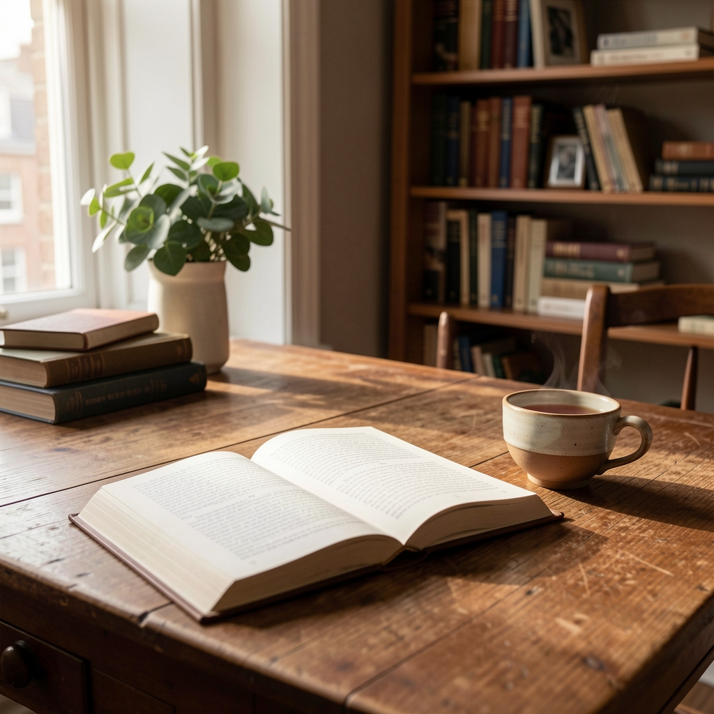 Quiet Bristol townhouse study with an open journal, ceramic tea cup and soft morning light