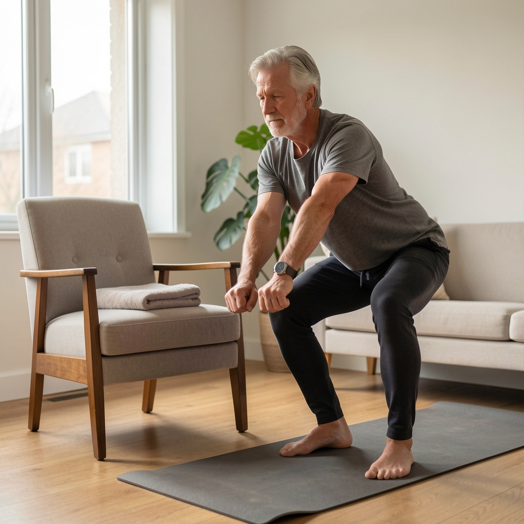 Mature adult performing gentle strength exercises at home beside a chair and folded towel