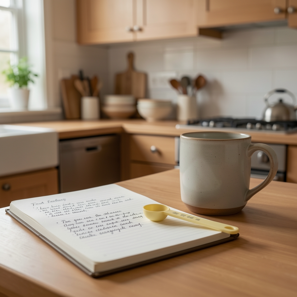Handwritten food diary beside a measuring spoon and a ceramic mug in a calm home kitchen