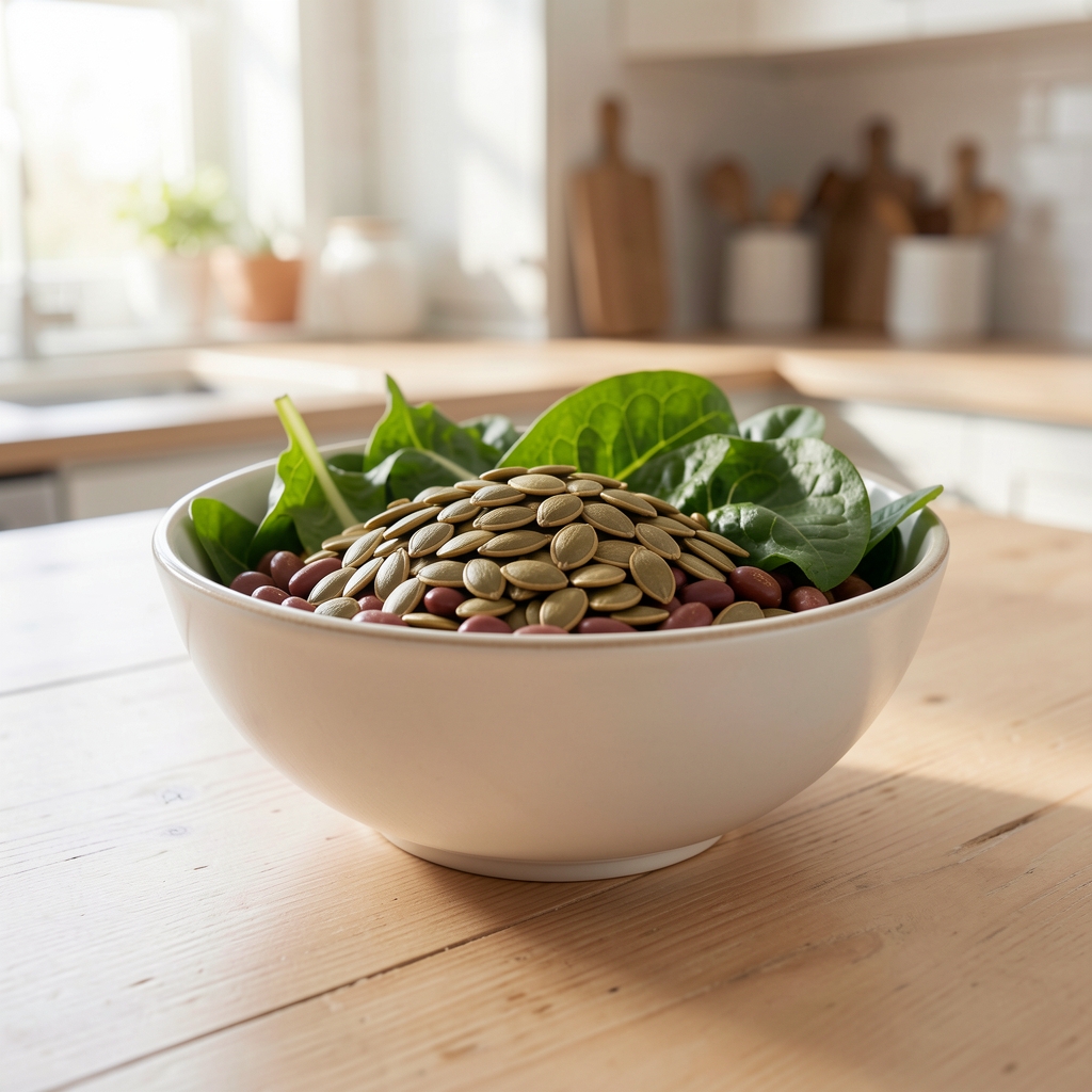 Bowl of pumpkin seeds, leafy greens and beans arranged on a bright kitchen table