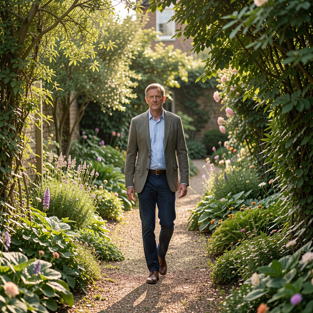 Adult taking a quiet mindful walk through a leafy Bristol garden in afternoon light