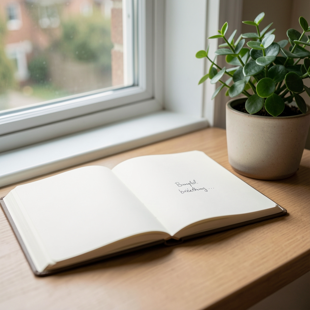 Open mindfulness journal with a simple breathing note beside a window and houseplant