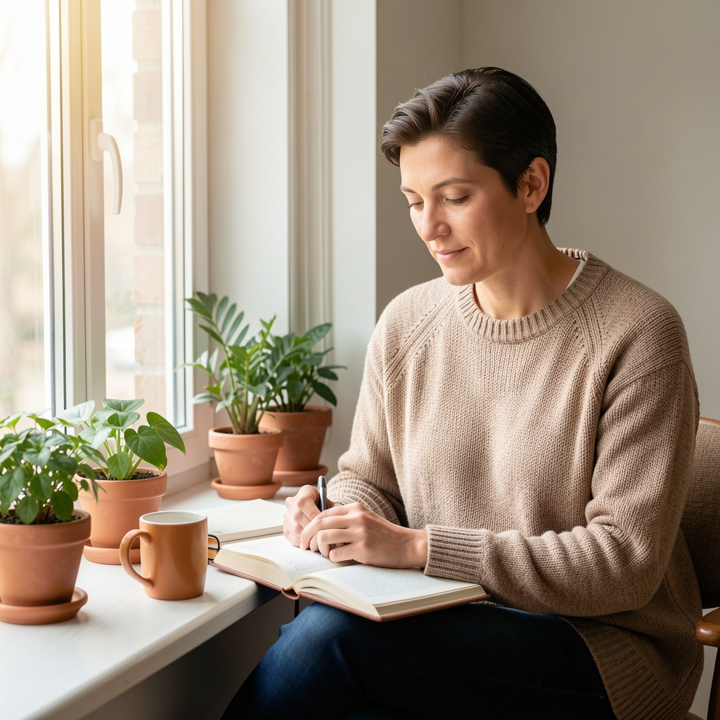 Adult seated beside a bright window with a journal, warm mug and quiet indoor plants