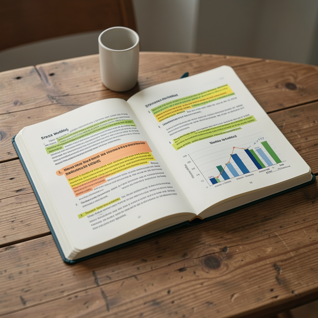 Open notebook and highlighted research papers about stress and wellbeing on a wooden table