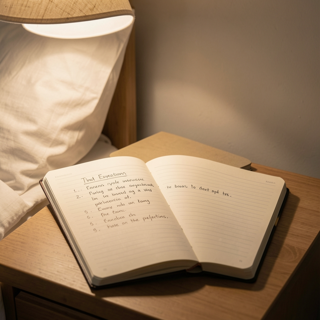 Notebook beside a bedside lamp showing a handwritten evening reflection routine