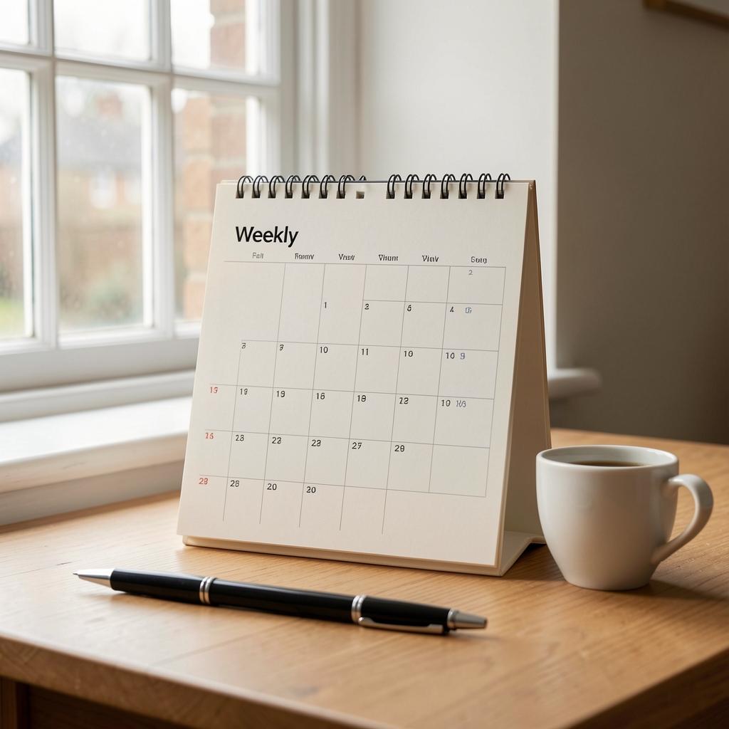 Weekly paper calendar with calm notes, a pen and a cup beside a softly lit Bristol window