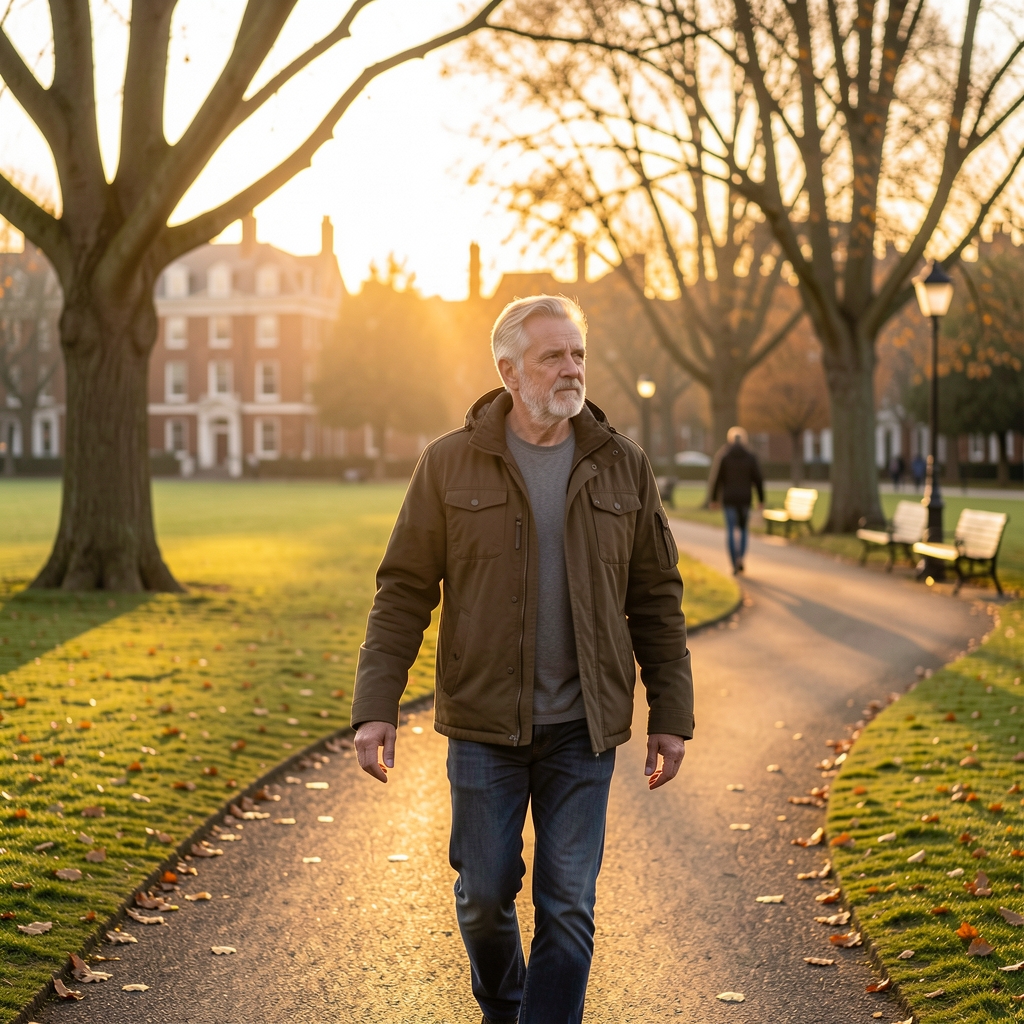 Mature adult walking beside a Bristol park at dawn with a calm reflective expression