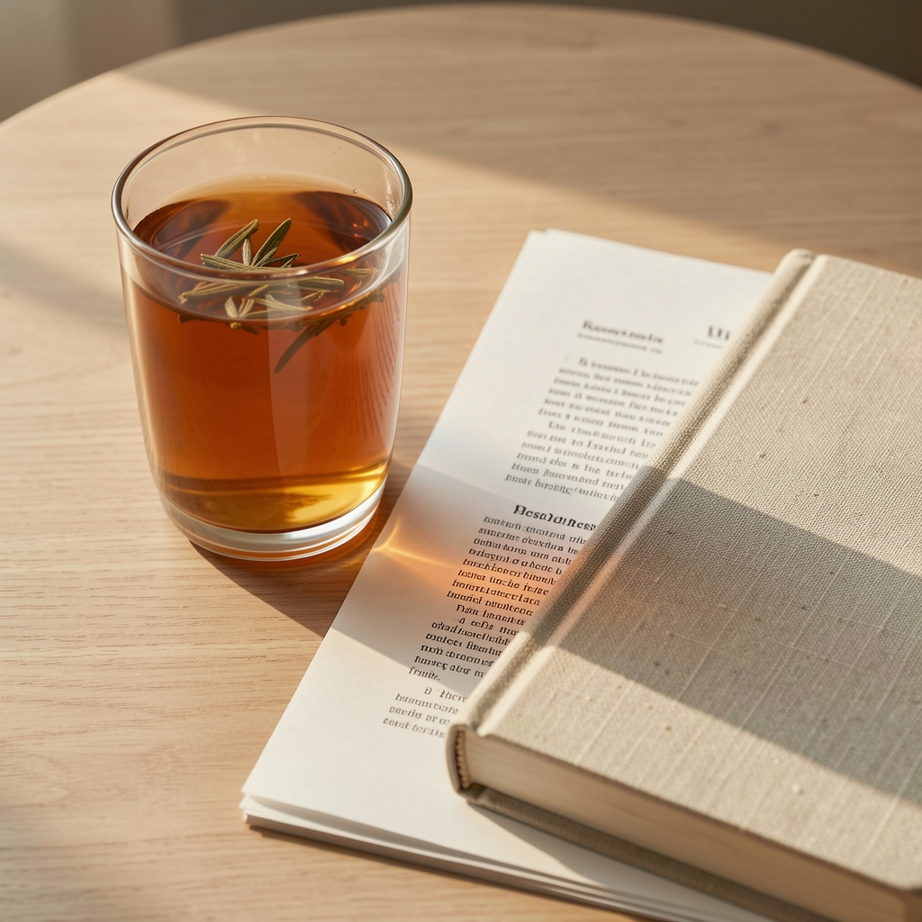 Warm herbal tea beside a printed research abstract and a linen notebook in soft daylight