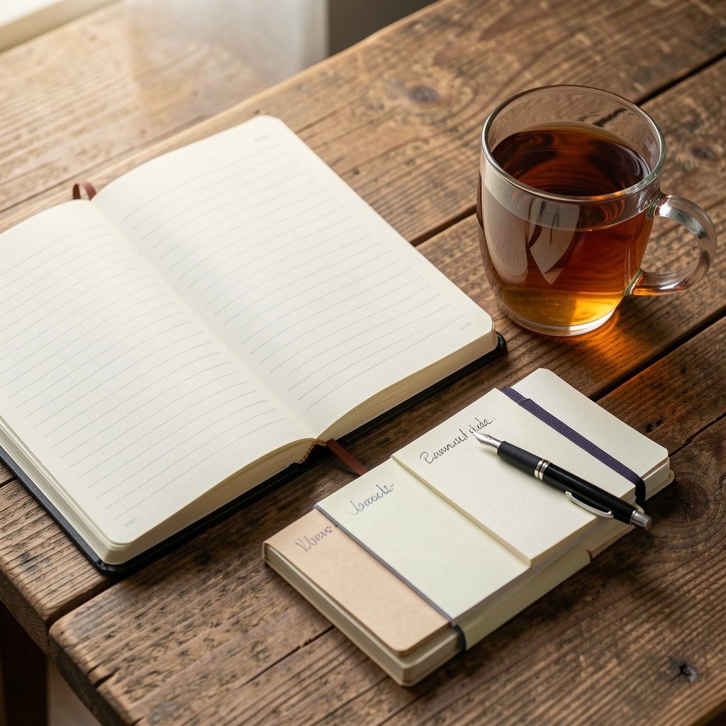 Open notebook beside a glass of tea and neatly arranged reading notes on a wooden table