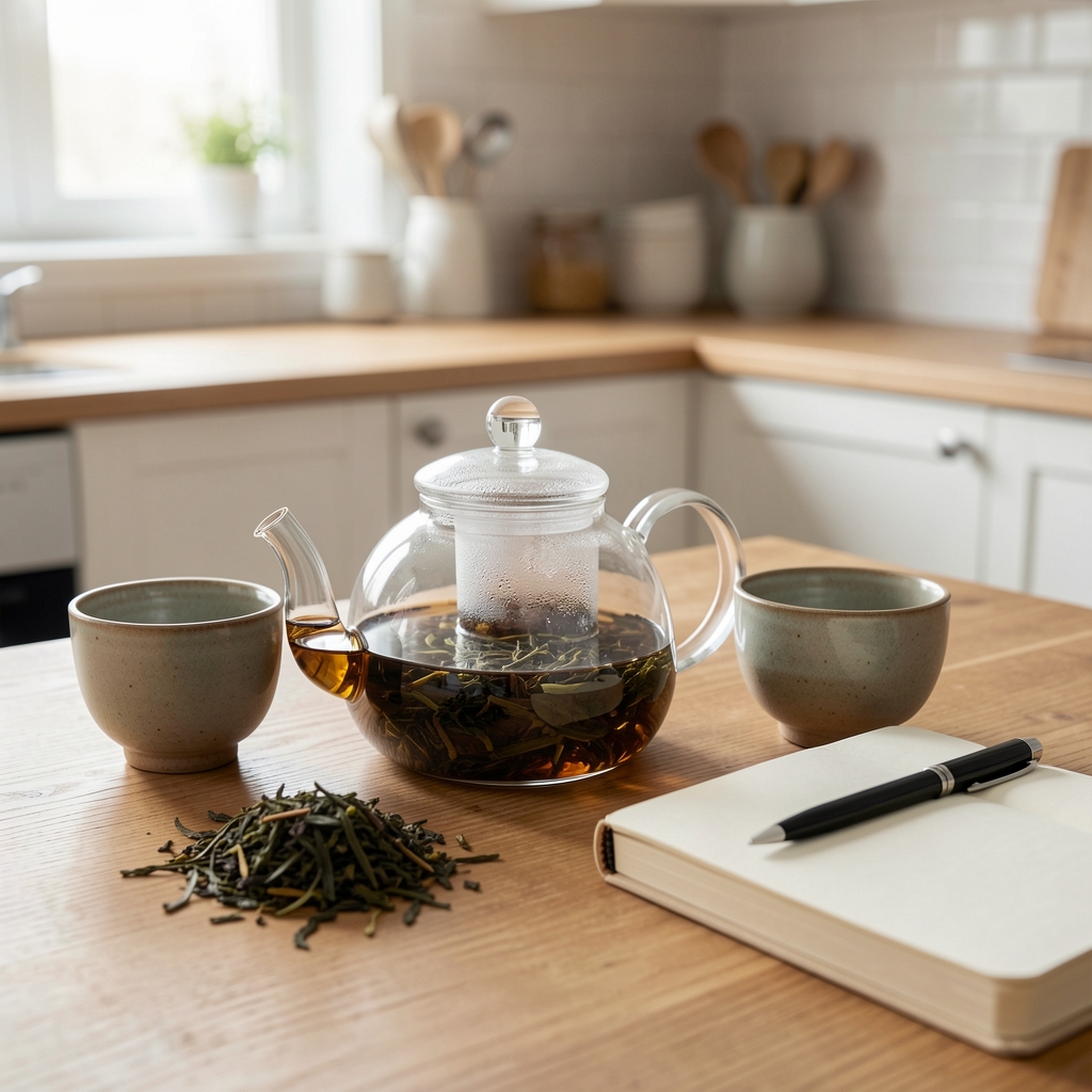 Glass teapot, loose tea leaves, ceramic cups and a notebook arranged on a calm wooden kitchen table