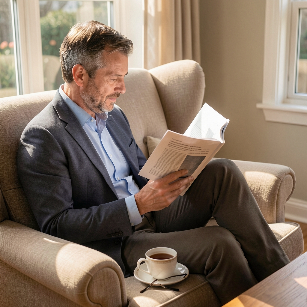 Adult reading a research article with a teacup and reading glasses beside a sunlit armchair