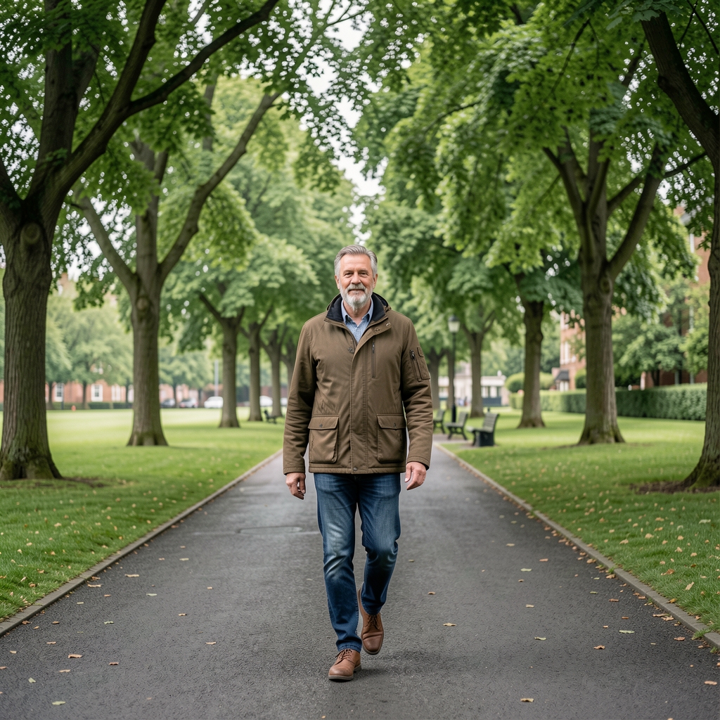 Mature adult walking along a calm Bristol park path beneath green trees on an overcast day